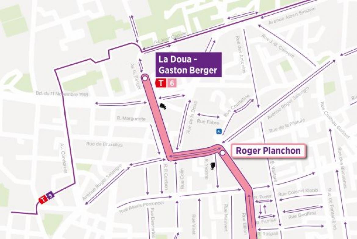 Plan de circulation entre les arrêts La Doua - Gaston Berger et Roger Planchon.